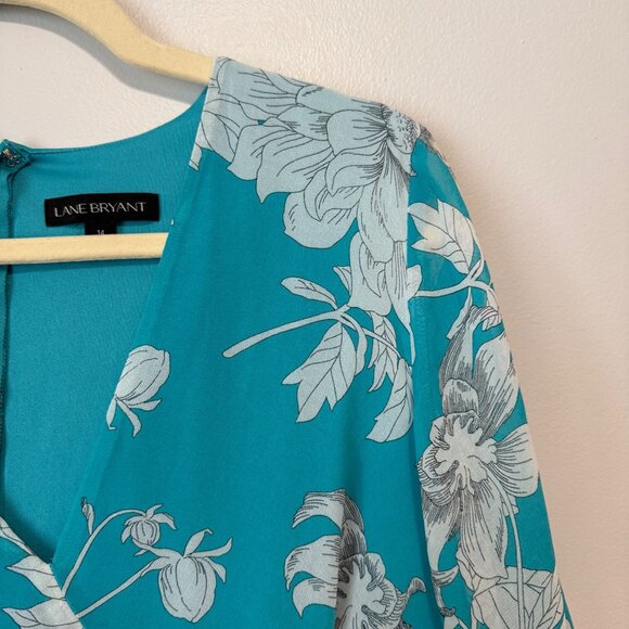 Lane Bryant Womens Floral Maxi Dress Turquoise White Size 14 Short Sleeves VNeck - Picture 2 of 8